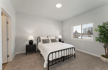 A bedroom with a bed and a window
